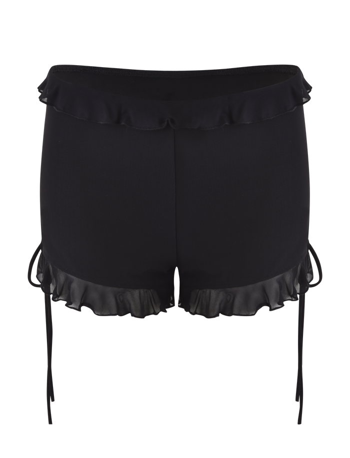 The TIGERMIST SIERA SHORT - BLACK features a high-waisted, bodycon fit with ruffled trim at the waistband and leg openings, small side ties, and a satin-like sheen.