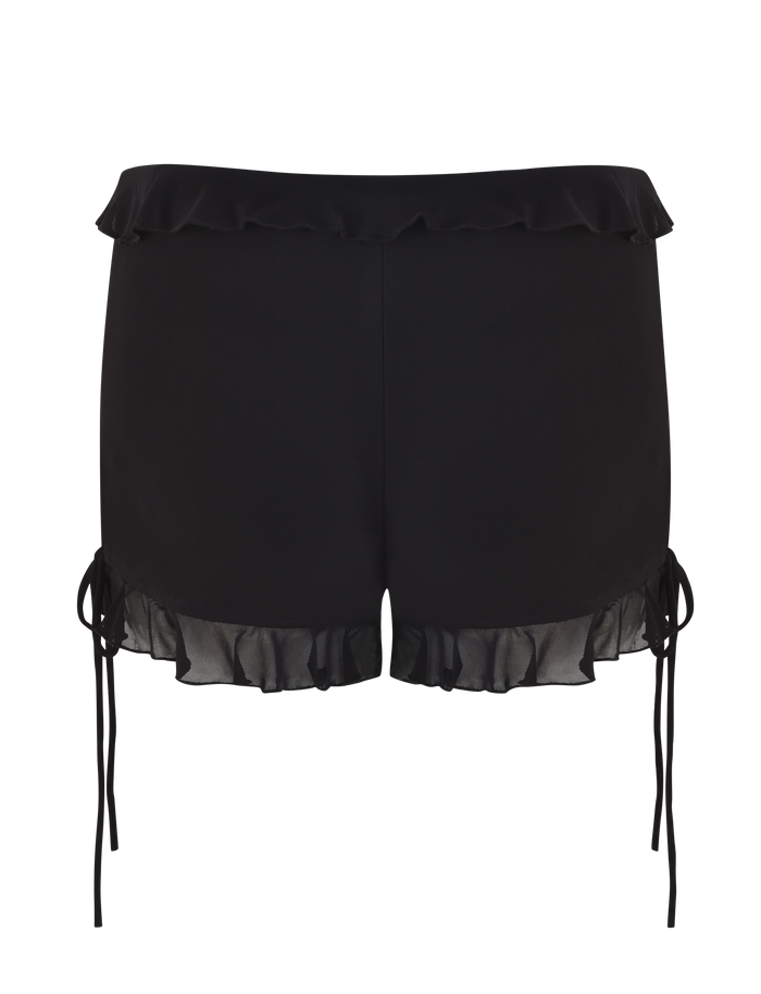 The SIERA SHORT - BLACK by TIGERMIST features a ruffled waistband, ruffle hem, side drawstrings, and a bodycon fit for a sleek look. Shown against a plain background.