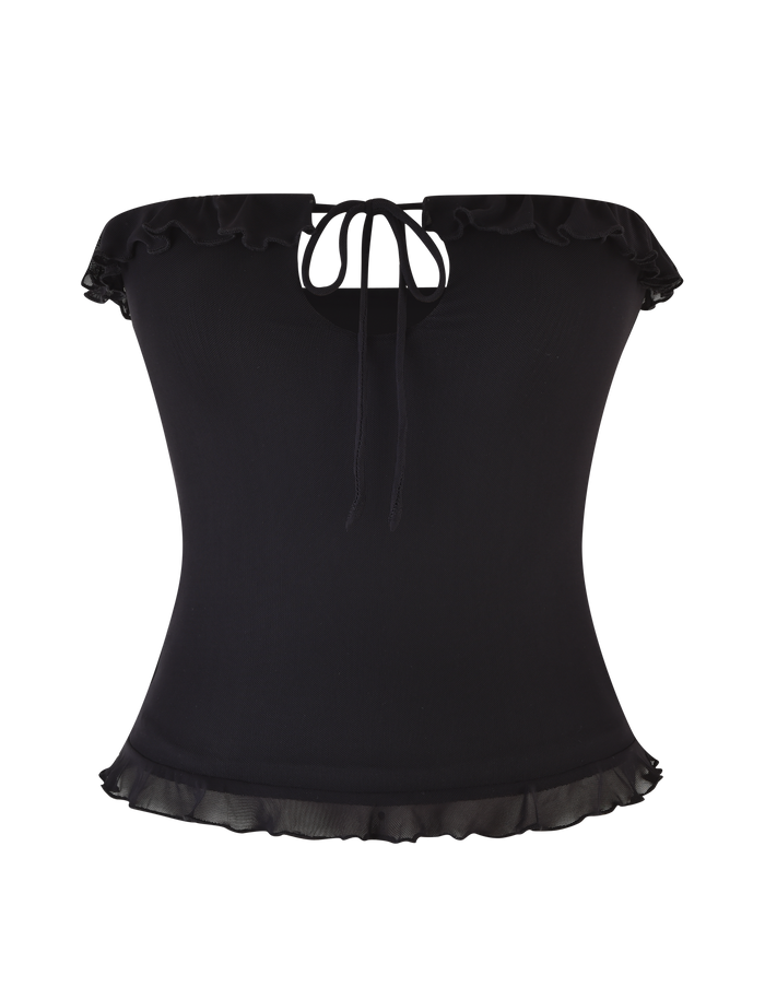 The SIERA TOP - BLACK by TIGERMIST features an off-the-shoulder, sleeveless mesh design with ruffled neckline and hem, and a front center tie detail.