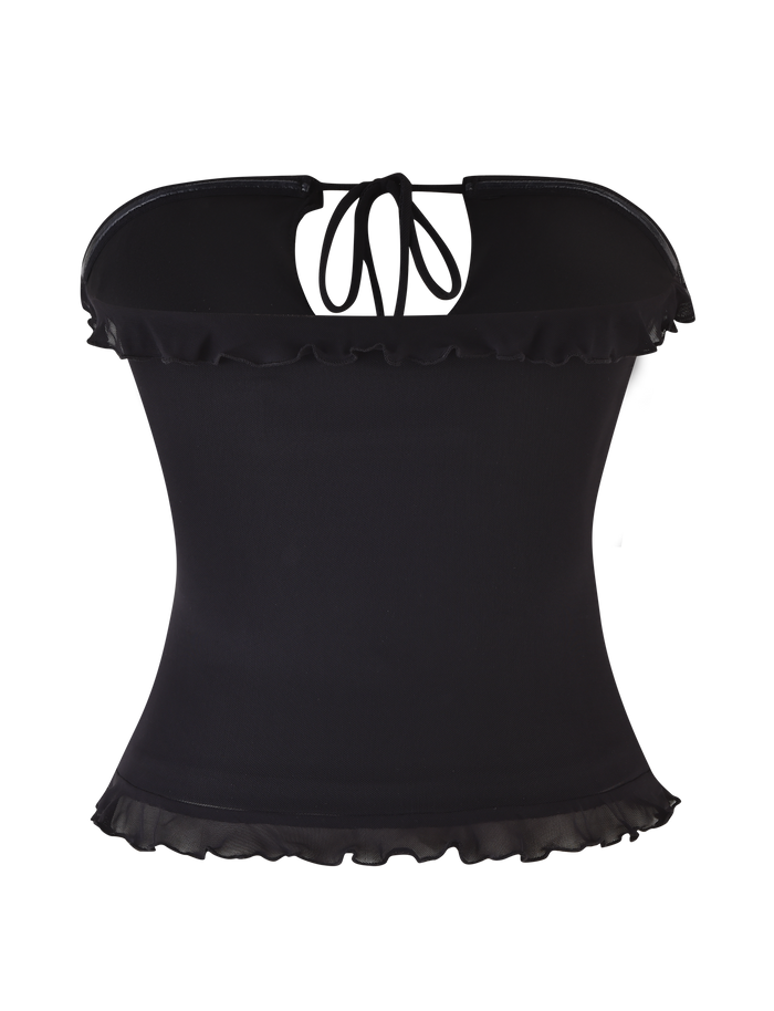 The TIGERMIST SIERA TOP - BLACK is a strapless mesh top with ruffled trim at the top and bottom edges, plus a small tie at the back neckline.