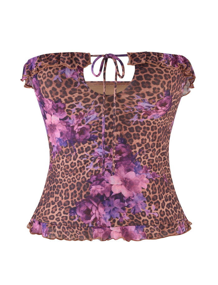 The SIERA TOP - LEOPARD FLORAL by TIGERMIST is a fitted, strapless top with brown leopard and purple floral prints, featuring a front keyhole tie and ruffled neckline and hem.