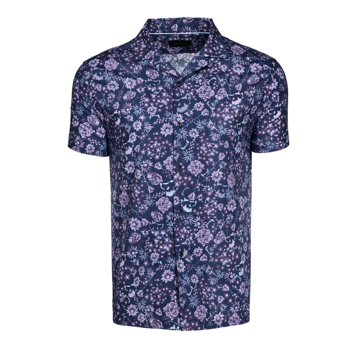 Maltese Blue Floral Print Silver Fang Lincoln Men's Camp Collar Shirt - Front View | Greyson Clothiers