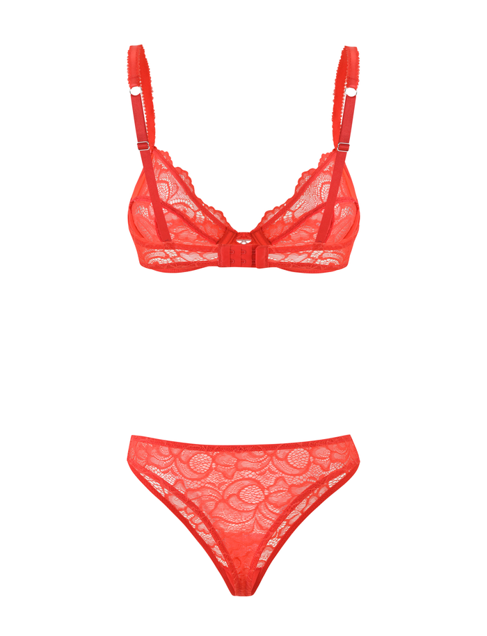 The SIRENE SET 2.0 - RED by TIGERMIST is a red lace lingerie set with a matching bra and underwear, featuring floral lace and adjustable straps, elegantly shown on a plain white background.