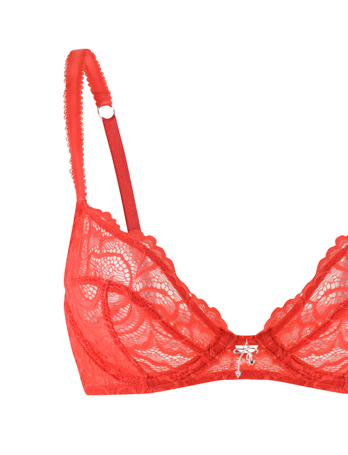 TIGERMIST's SIRENE SET 2.0 - RED features a bright red lace bra with adjustable straps and a center bow, shown partially from the left against a white background. This matching set captures attention with its delicate design.