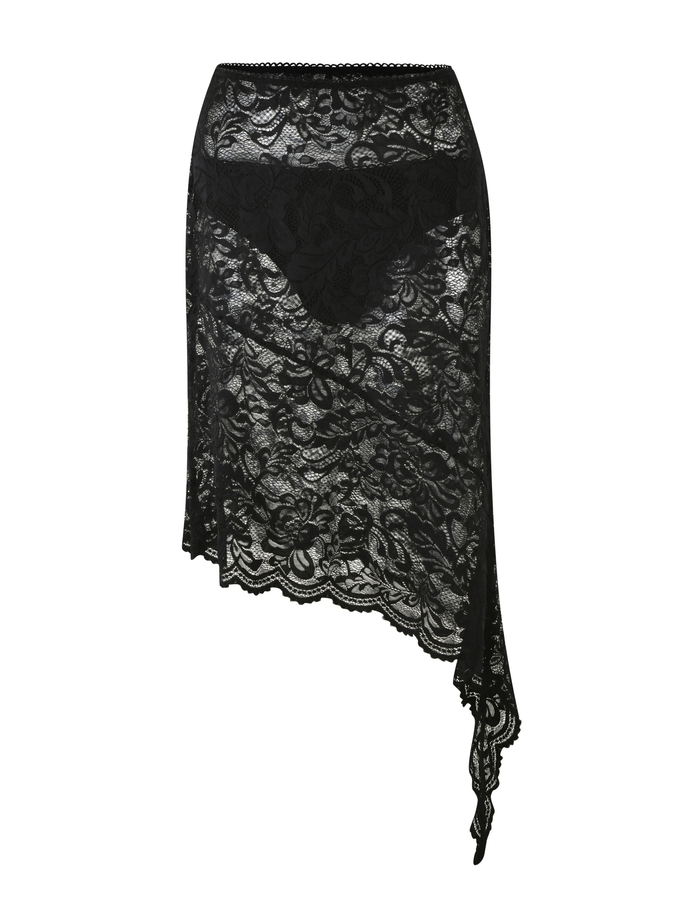 The TIGERMIST SIYA MIDI SKIRT in black features sheer floral lace, an asymmetrical hemline, scalloped edges, and a fitted high-waisted design.
