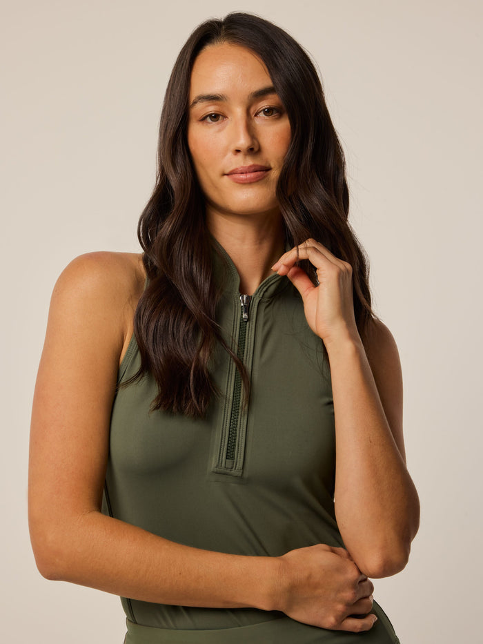Agave Sleeveless Vesta Mock Neck Top - Close-Up Detail, zippered mock neck collar | Greyson Clothiers
