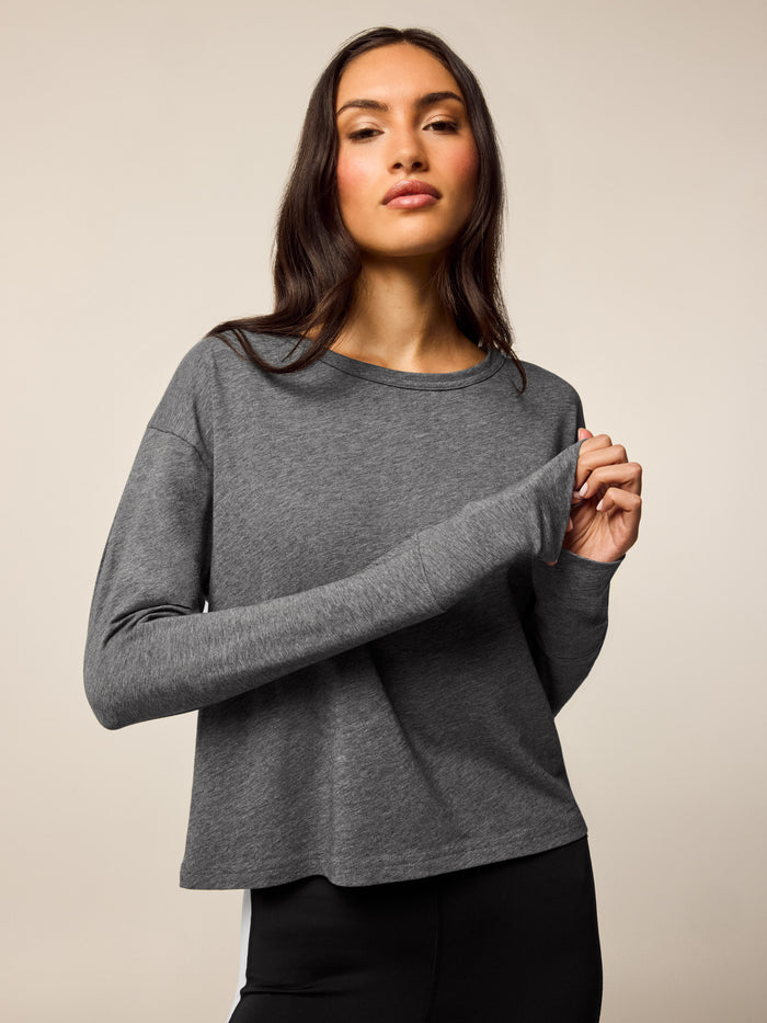 Smoke Heather Pima Cotton Sloane Long Sleeve Tee - Front View On Model | Greyson Clothiers