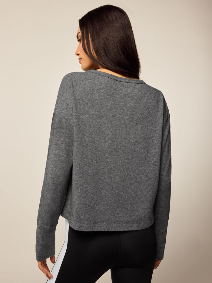 Smoke Heather Sloane Long Sleeve Tee - Back View On Model with Leggings | Greyson Clothiers