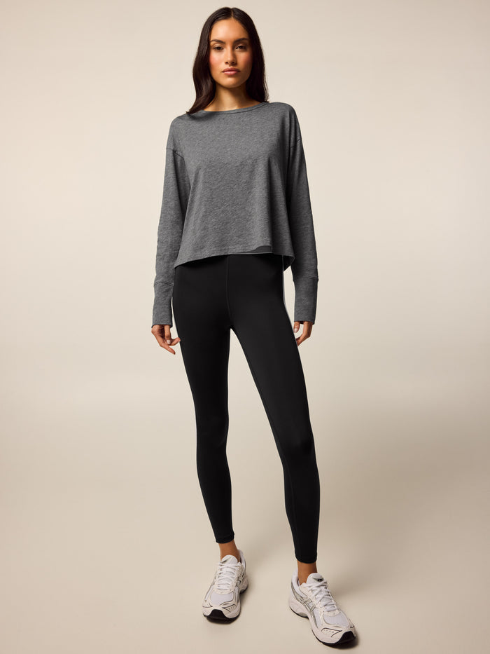 Smoke Heather Sloane Long Sleeve Tee - Full Body Styled Look with Leggings | Greyson Clothiers