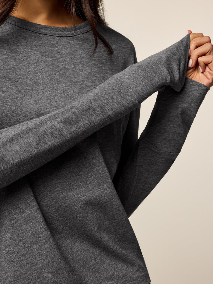 Smoke Heather Sloane Long Sleeve Tee - Sleeve & Fabric Texture Close-Up | Greyson Clothiers