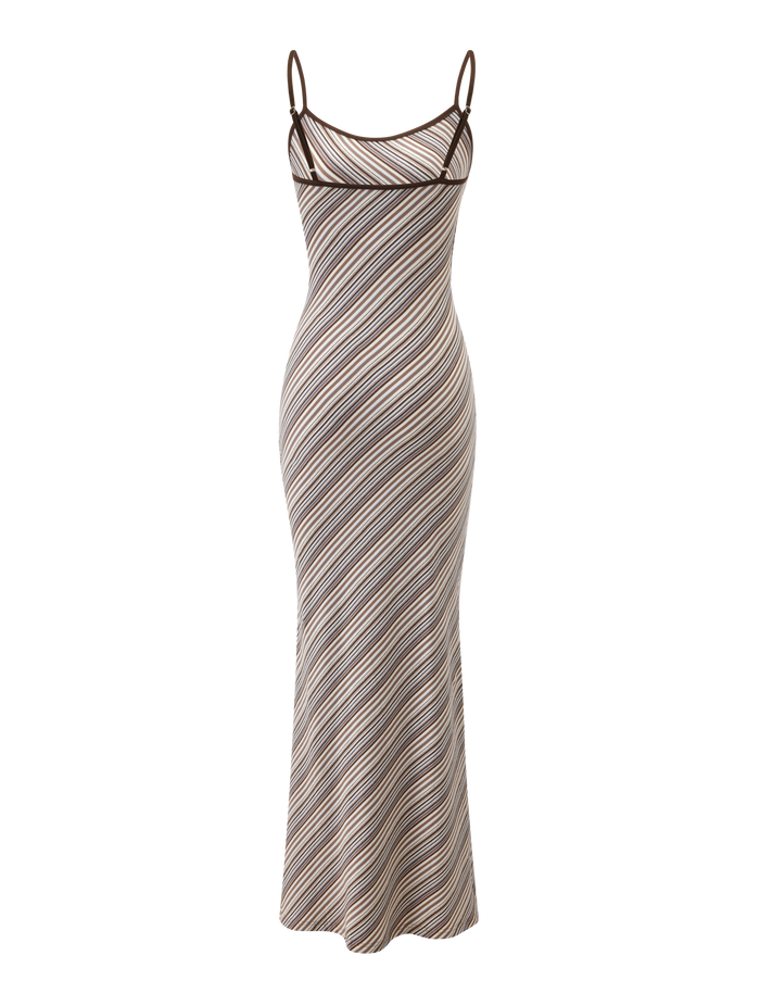 The SLOANE MAXI DRESS - TAN AND CHOC STRIPE by TIGERMIST features adjustable spaghetti straps, a fitted silhouette, and diagonal brown, beige, and white stripes on a sleeveless design.