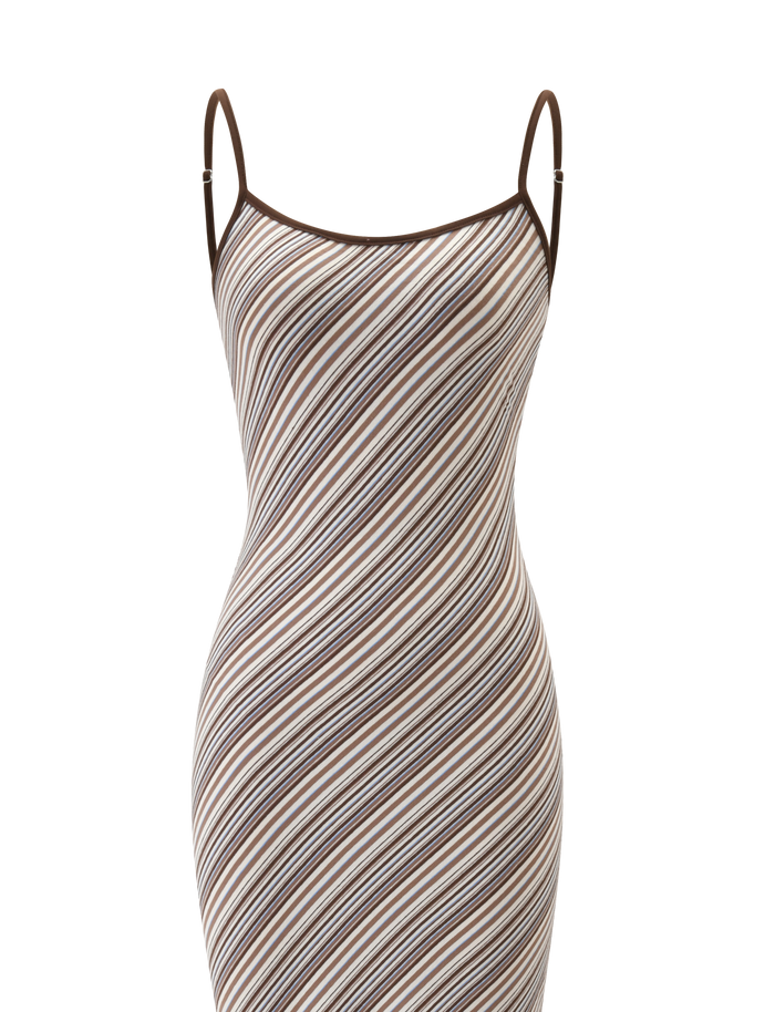 The TIGERMIST SLOANE MAXI DRESS - TAN AND CHOC STRIPE is a sleeveless, form-fitting maxi with adjustable spaghetti straps, diagonal tan and chocolate stripes, and dark brown trim on the neckline and straps for a bold look.