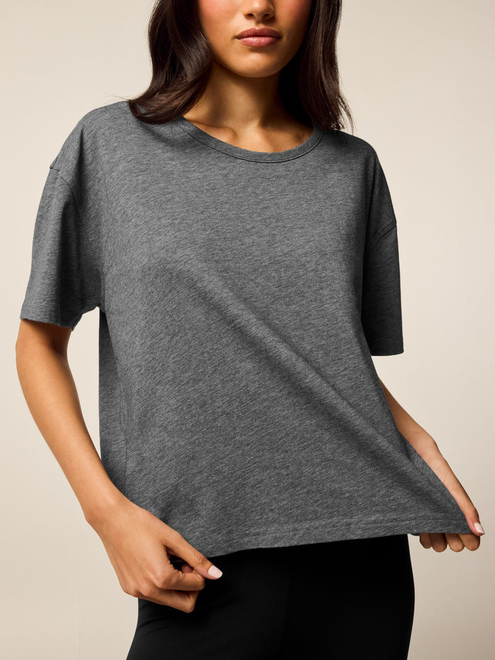 Smoke Heather Pima Cotton Sloane Short Sleeve Tee - Front Close-Up On Model | Greyson Clothiers