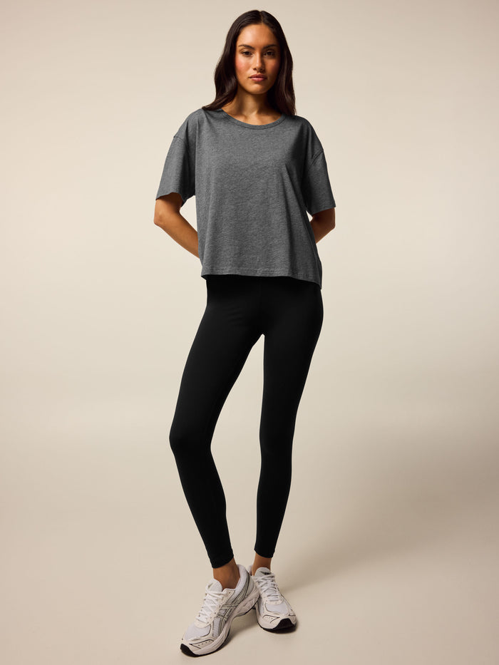 Smoke Heather Sloane Short Sleeve Tee - Full Length Styled with Black Leggings | Greyson Clothiers