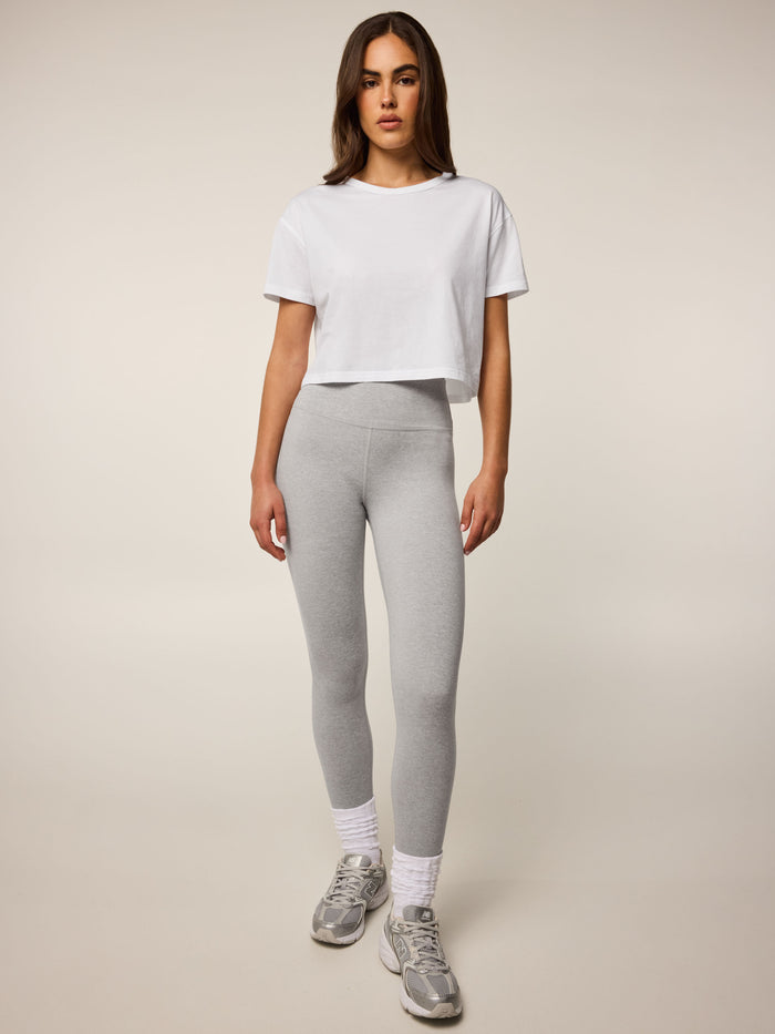 Arctic White Sloane Short Sleeve Tee - Full Length Front View Styled with Grey Leggings | Greyson Clothiers