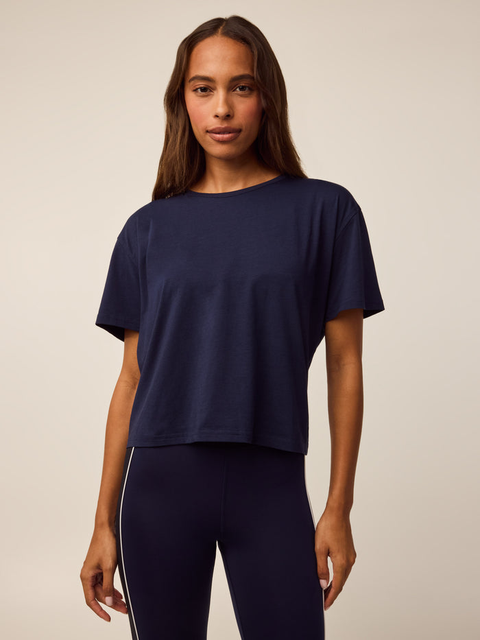 Shepherd Navy Pima Cotton Sloane Cropped Tee - Front View On Model | Greyson Clothiers