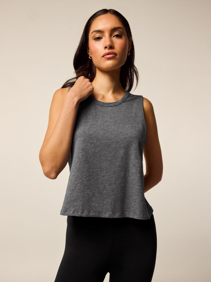 Greyson Clothiers Sloane Tank Top in Smoke Heather - Front View, Relaxed Cropped Pima Cotton Women's Activewear Tank