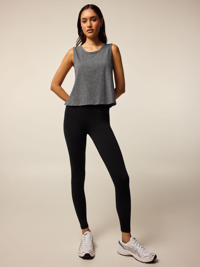 Greyson Clothiers Sloane Tank Top in Smoke Heather - Full Body Active Set, Cropped Tank with Leggings and Sneakers