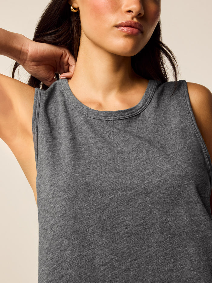 Greyson Clothiers Sloane Tank Top in Smoke Heather - Neckline & Fabric Close-Up, Pima Cotton Women's Tank