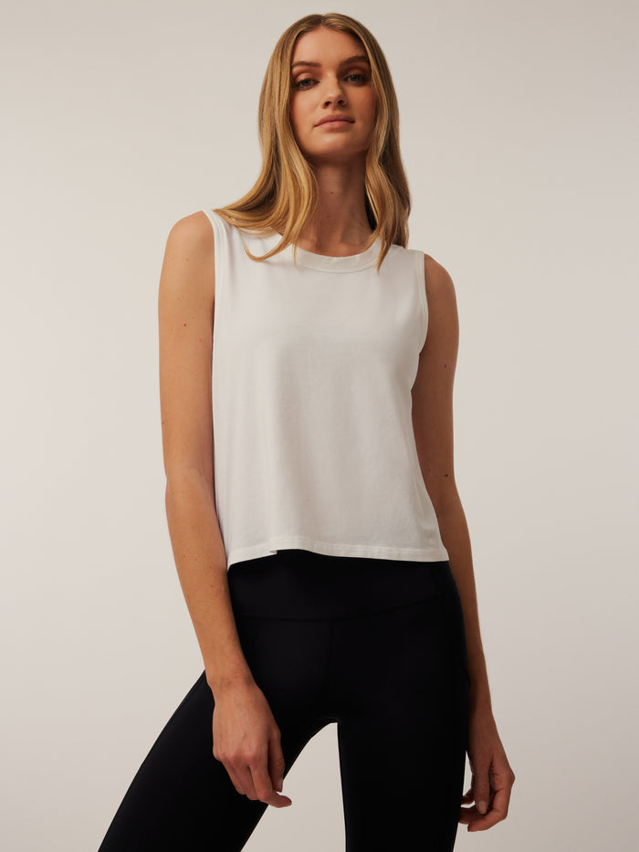 Greyson Clothiers Sloane Tank Top in Arctic - Front View, Relaxed Cropped Pima Cotton Women's Activewear Tank