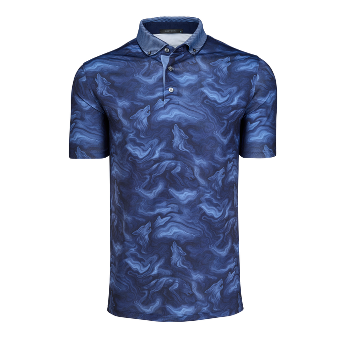 Maltese Blue Wolf-Print Men's Golf Polo, Smoke in the Den - Front View | Greyson Clothiers