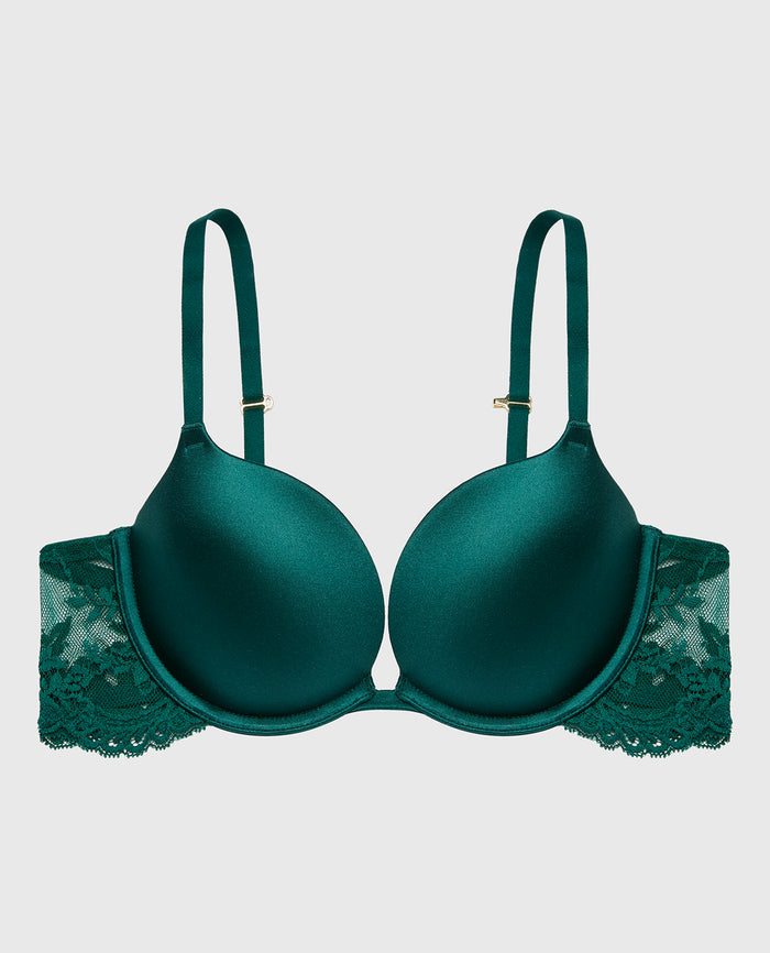 Smooth Cup Push Up Bra with Lace Wing in Emerald Green