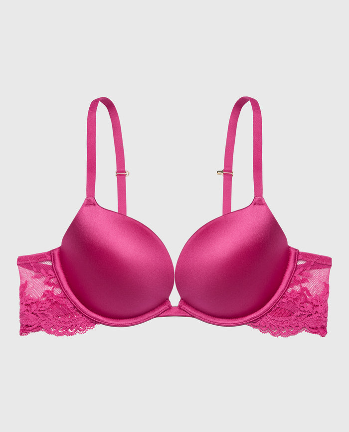 Smooth Cup Push Up Bra with Lace Wing in Fuchsia Red