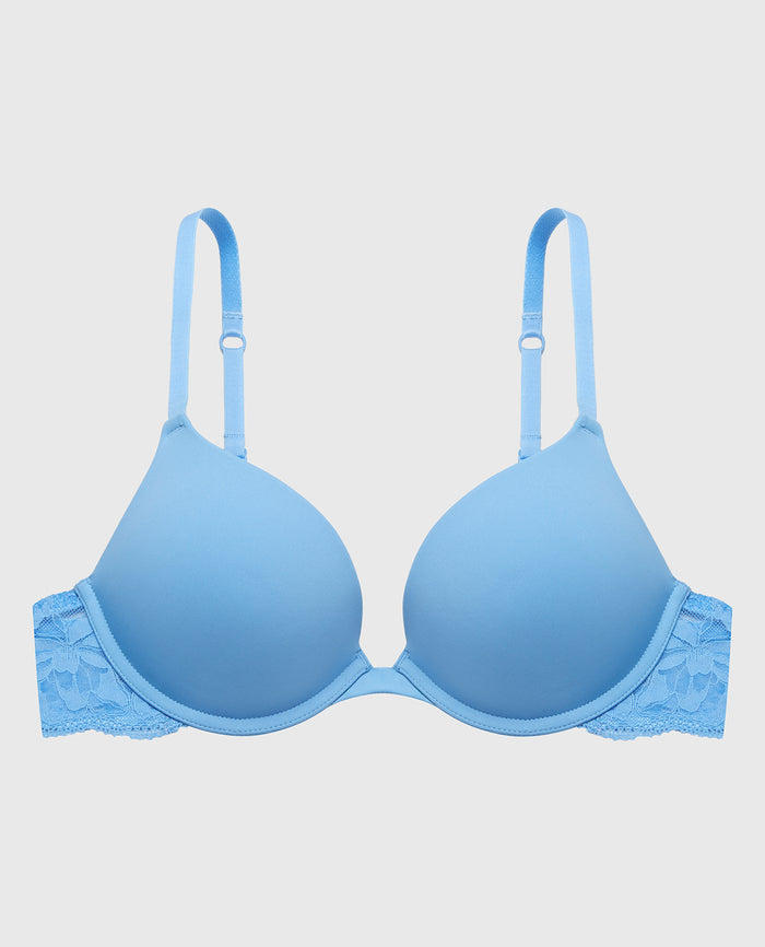 Smooth Push Up Plunge Bra With Charmed Lace Wing in Azure Blue