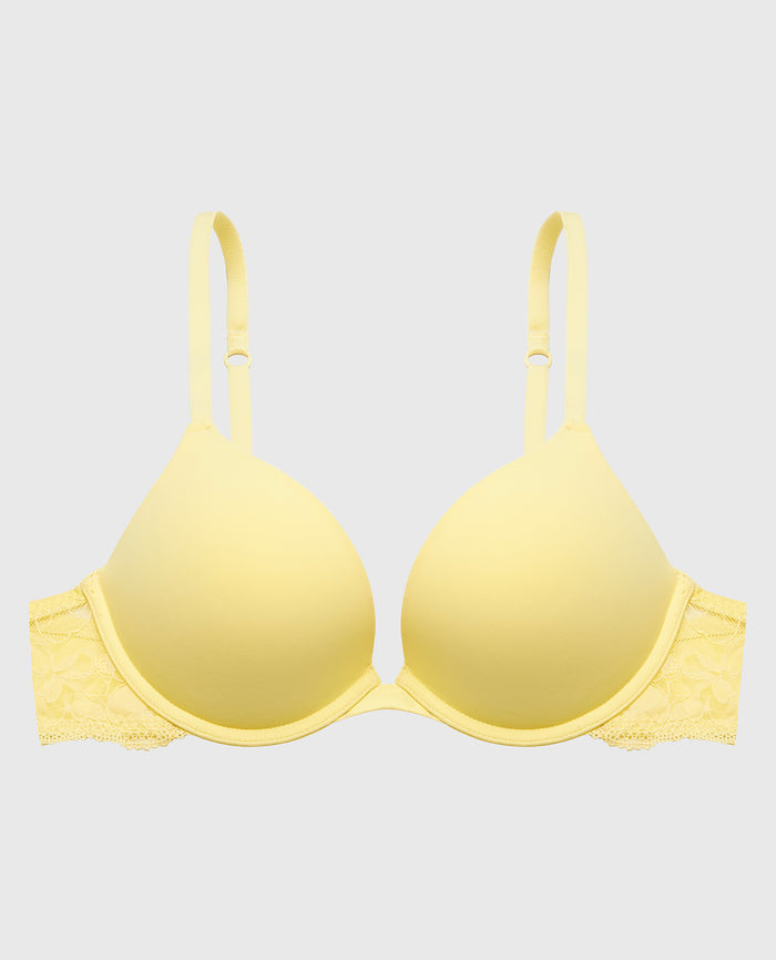 Smooth Push Up Plunge Bra With Charmed Lace Wing in Pale Banana