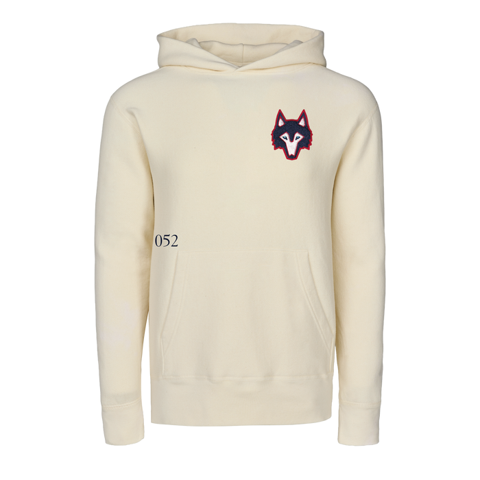 Bone Cotton Independence Day Hoodie - Front View, Wolf Patch Detail | Greyson Clothiers