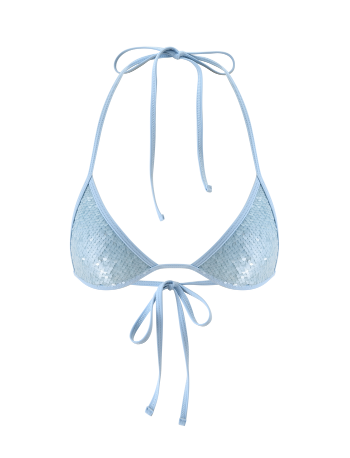 The TIGERMIST SOLAS SEQUIN BIKINI TOP in sky blue features thin, adjustable tie straps at the neck and back—perfect for standout beach club swimwear. Shown against a white background.