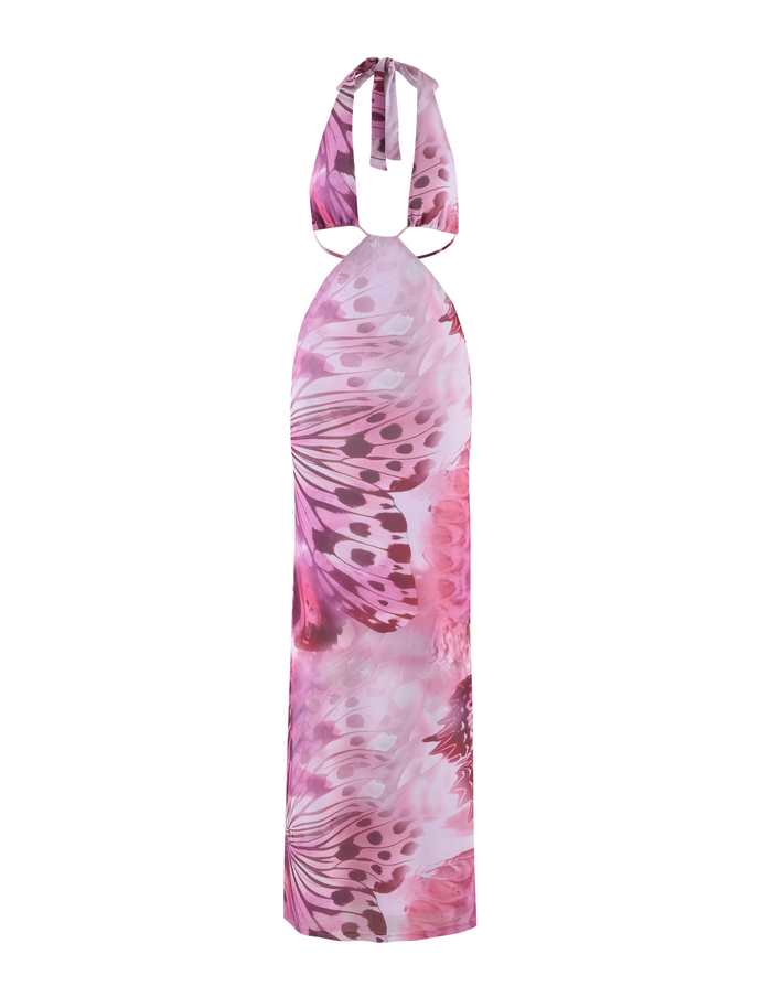 The SOLEIL MAXI DRESS - MACRO BUTTERFLY by TIGERMIST is a sleeveless maxi with adjustable halter ties, a straight silhouette, pink and purple butterfly prints, and a stylish bow tie at the neck.