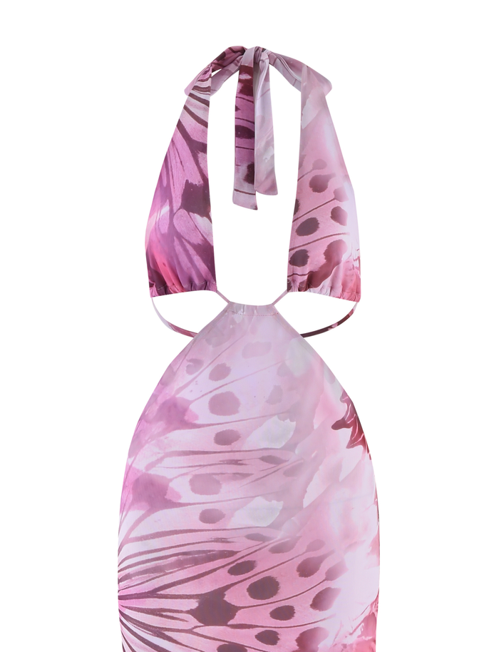 The SOLEIL MAXI DRESS - MACRO BUTTERFLY by TIGERMIST features a back view with a pink and purple butterfly wing print, adjustable halter neck ties, and a bold, artistic design.