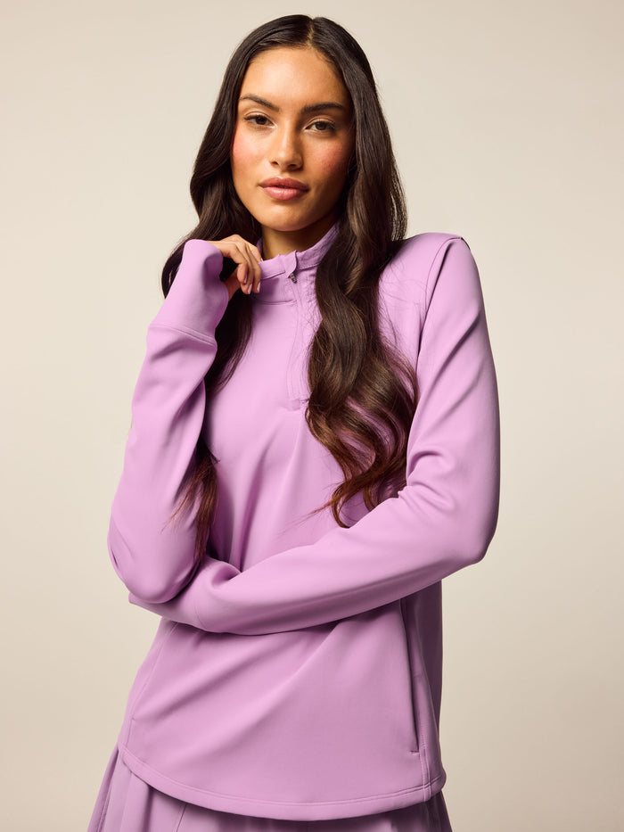 Wisteria Soleil Quarter-Zip Women's Golf Layer - Front Close-Up On Model | Greyson Clothiers