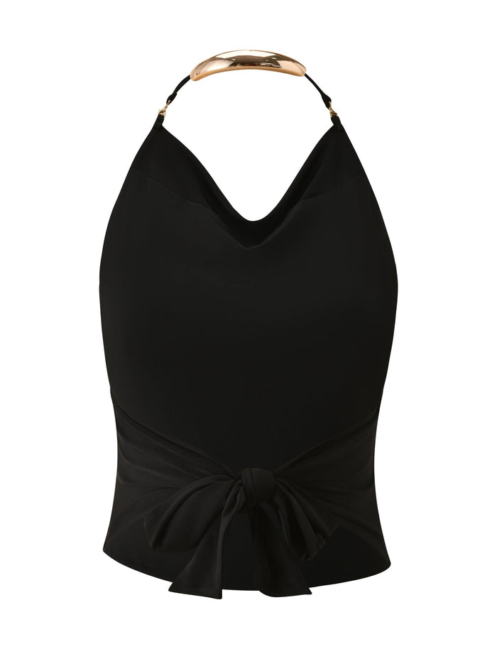 The SOLIA TOP - BLACK by TIGERMIST is a sleeveless halter top with a draped neckline, metallic gold collar detail, and a fabric tie at the waist. Featuring an open back, this chic girls’ night top is displayed against a white background.