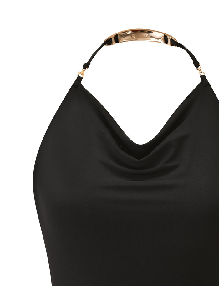 A close-up of the TIGERMIST SOLIA TOP in black, showcasing its draped cowl neckline, open back, and striking metallic gold neck strap—the perfect choice for your next girls’ night out.