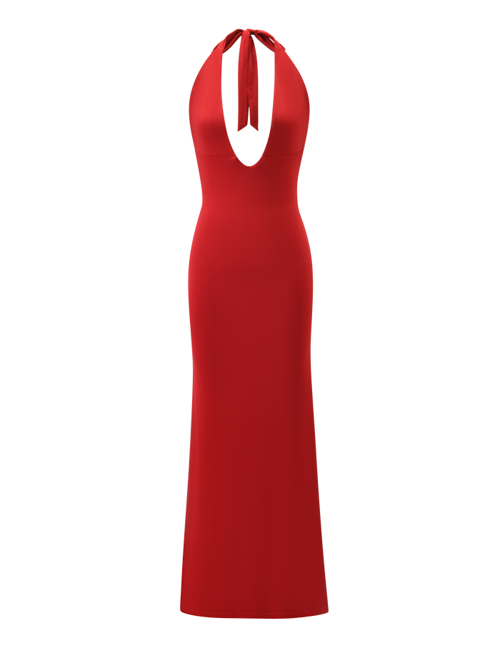 The SOLYNE MAXI DRESS - RED by TIGERMIST is a sleeveless maxi with a fitted silhouette, deep V-neckline, neck tie detail, and smooth, elegant fabric.