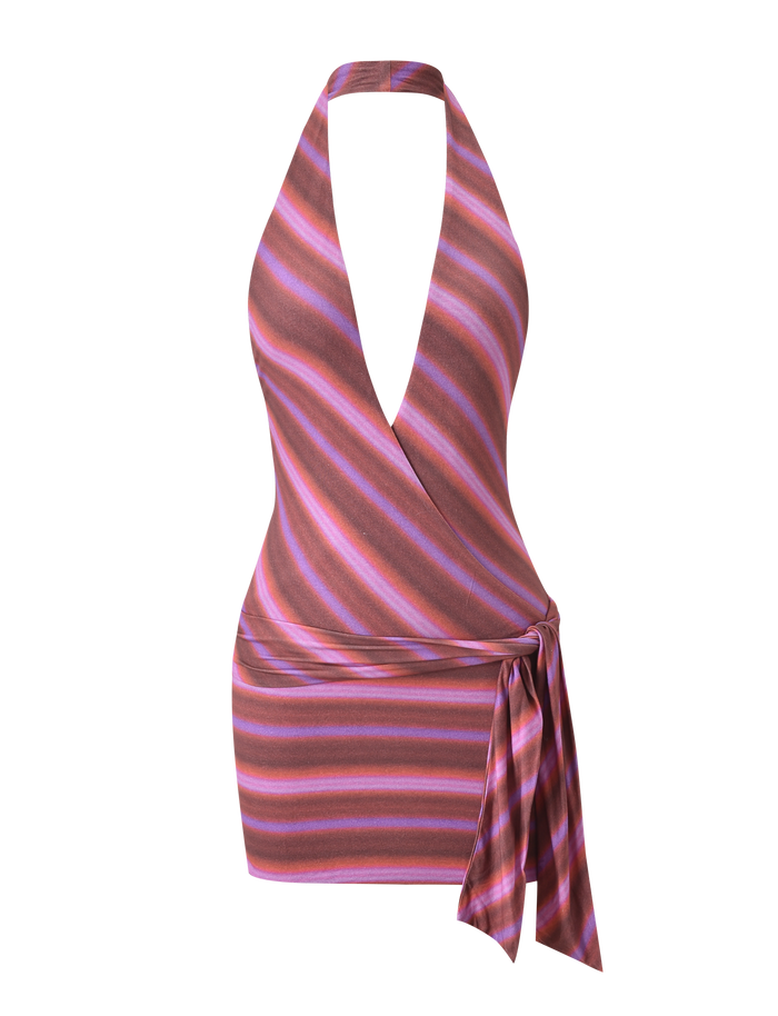 The SORRENTO MINI DRESS - DUSK OMBRE STRIPE by TIGERMIST features a sleeveless, halter neck design with diagonal pink and purple stripes, a deep V-neckline, and a matching side tie at the waist.