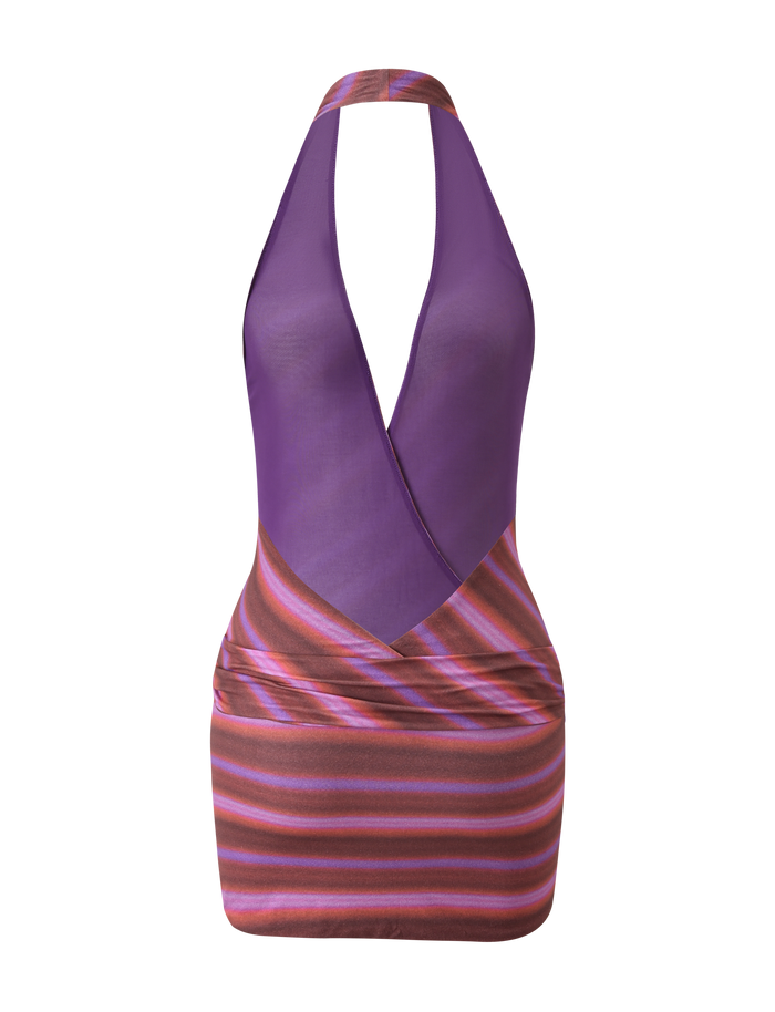 The SORRENTO MINI DRESS by TIGERMIST features a sleeveless halter neck, deep V neckline, fitted skirt, and faux wrap silhouette with dusk ombre stripes in purple, pink, and brown.