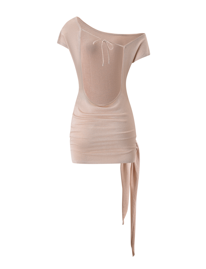 The TIGERMIST SOTERA KNIT MINI DRESS in Gold is a short, light beige off-shoulder mini dress with cap sleeves, an asymmetric hem, a scoop neckline with tie detail, and a draped fabric accent.