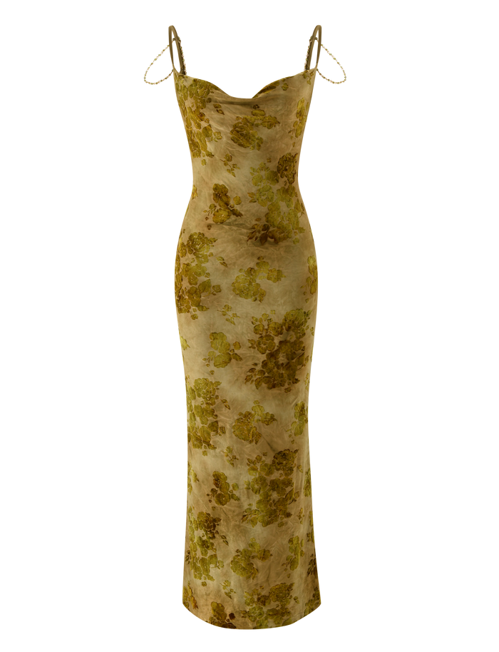 The SPARROW MAXI DRESS - GREEN BURNOUT by TIGERMIST is a sleeveless, floor-length dress with spaghetti straps, a fitted silhouette, draped neckline, and gold-green floral patterns on beige for an elegant maxi look.