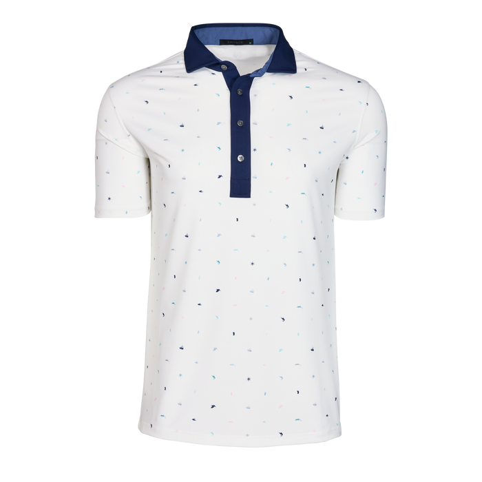 Arctic Spirit Of Mallorca Printed Performance Golf Polo - Navy Contrast Collar Front View | Greyson Clothiers