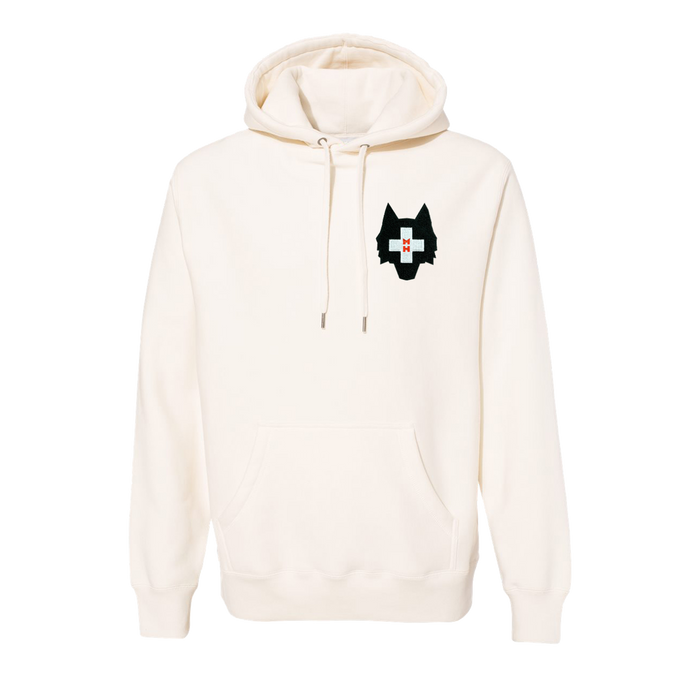 Stone Spirit Wolf Fireside Hoodie - Front View with MH Foundation Wolf Chest Logo | Greyson Clothiers