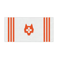 Arctic Spirit Wolf Golf Towel with MHF Wolf Logo and Orange Stripes - Flat Lay | Greyson Clothiers
