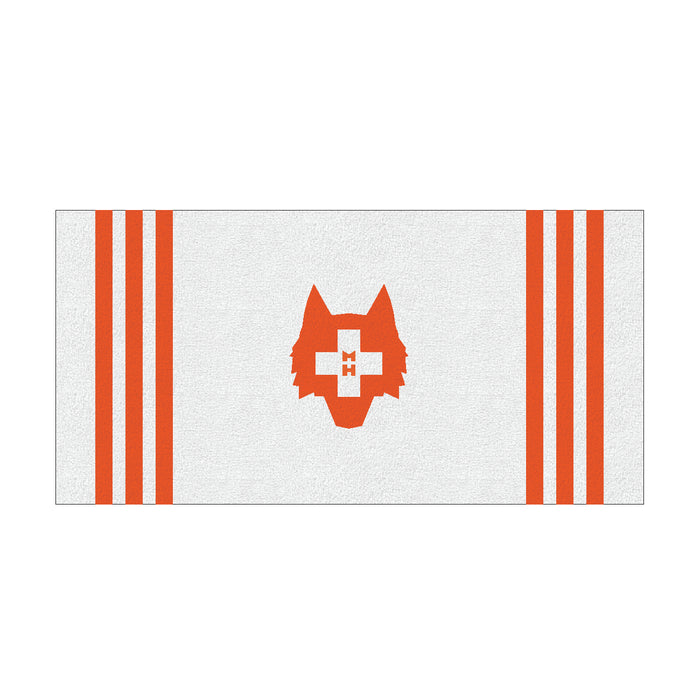 Arctic Spirit Wolf Golf Towel with MHF Wolf Logo and Orange Stripes - Flat Lay | Greyson Clothiers