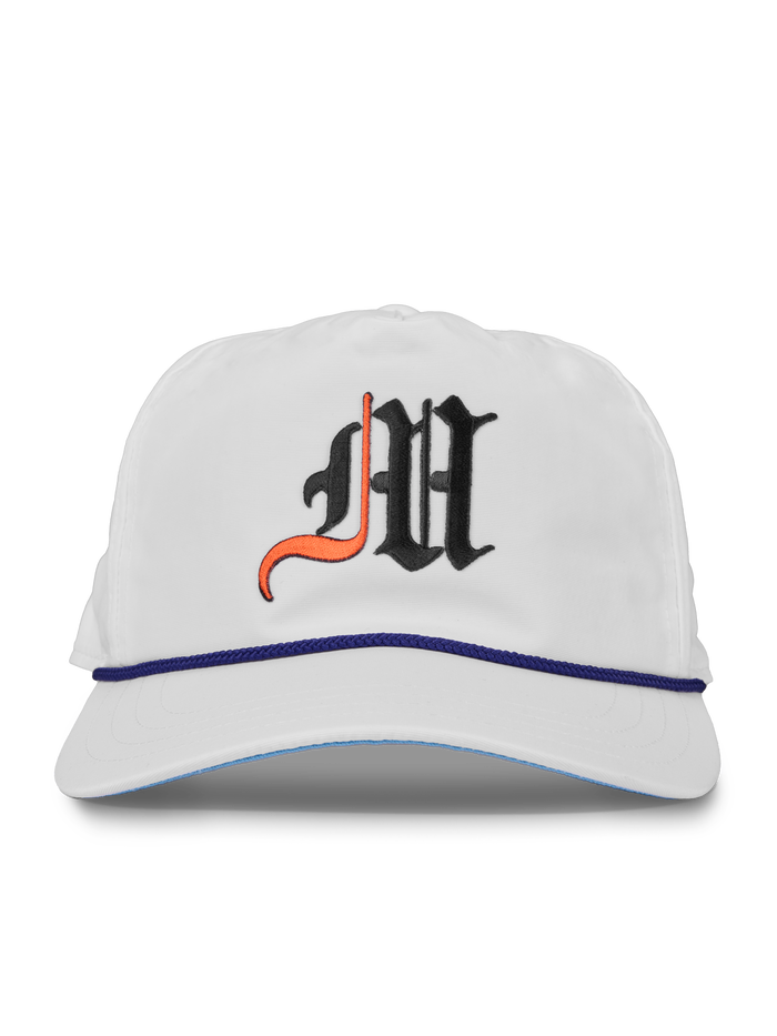 Greyson Spirit Wolf Gothic Rope Hat Arctic - Front View, Navy Rope Brim, Gothic MH Logo Embroidery | Greyson Clothiers