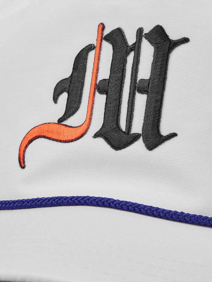Spirit Wolf Gothic Rope Hat - Gothic MH Logo Embroidery Close-Up, Orange Accent, Navy Rope Brim | Greyson Clothiers