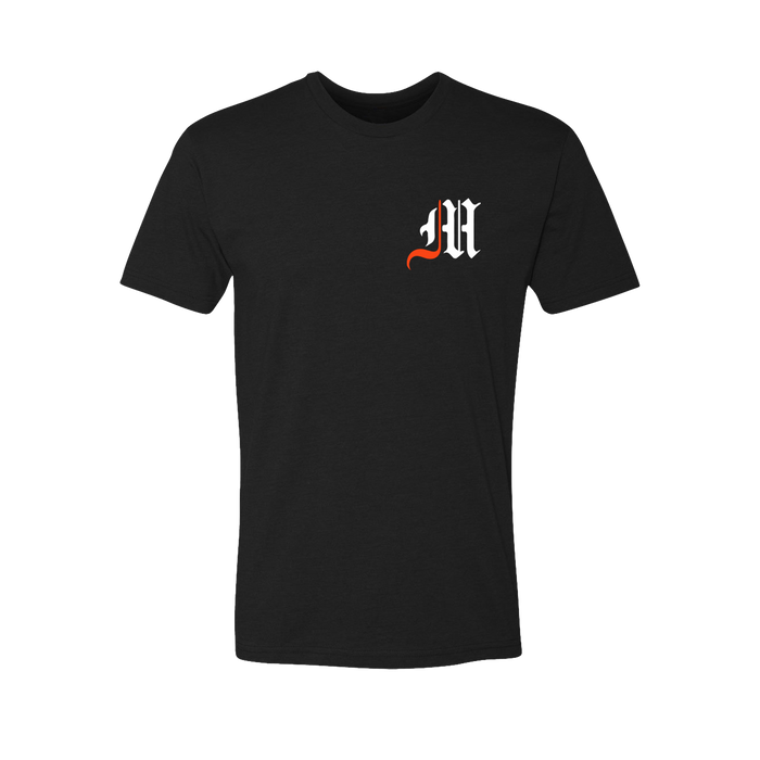 Black Cotton-Poly Spirit Wolf Tee - Front View, Gothic MHF Script Left Chest | Greyson Clothiers