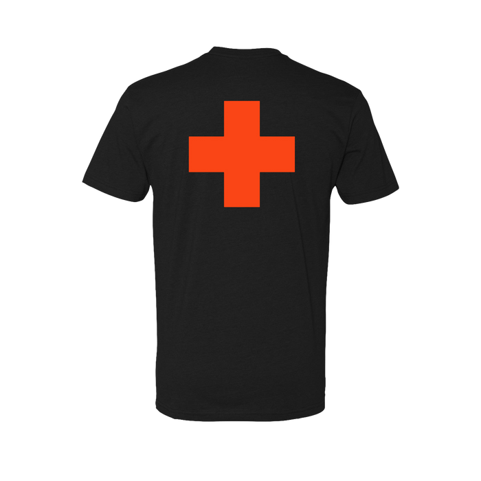 Black Spirit Wolf Short Sleeve Tee - Back View, Orange Plus Sign Graphic | Greyson Clothiers