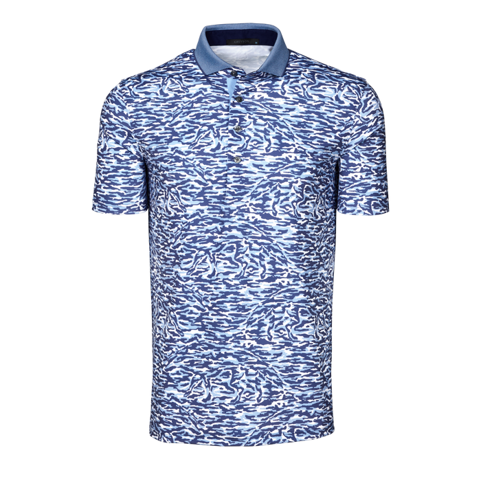 Wolf Blue Camo Stalking Wolf Short Sleeve Golf Polo - Front View | Greyson Clothiers